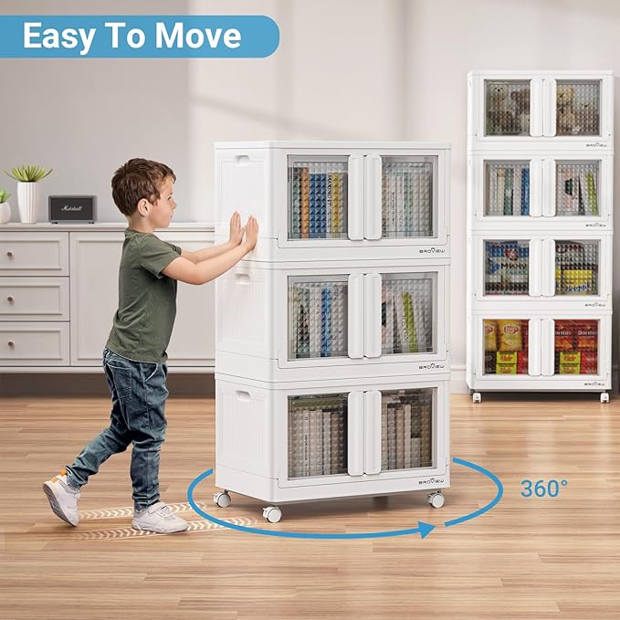 BROVIEW 300Qt Stackable Storage Bins with Lids, 75Gal Closet Organizers and Storage Drawer, Plastic Collapsible Storage Bins with Doors, Heavy Duty Store Box Cabinet for Home Kitchen, 3Pack White