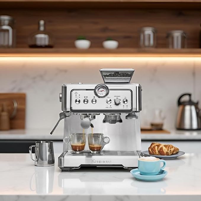 Kenmore Espresso Machine - Automatic Coffee Maker With Manual Tamper, Auto Cleaning, Milk Steamer & Frother, Bean Grinder, Make Professional Barista Style Cappuccino, Café Latte, Stainless Steel