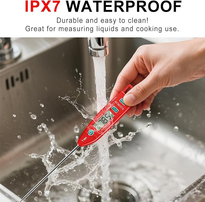 BOMATA Waterproof IPX7 Thermometer for Water, Liquid, Candle and Cooking. Instant Read Food Thermometer with Long Probe for Cooking, Meat, BBQ! T101 (Red Color)………