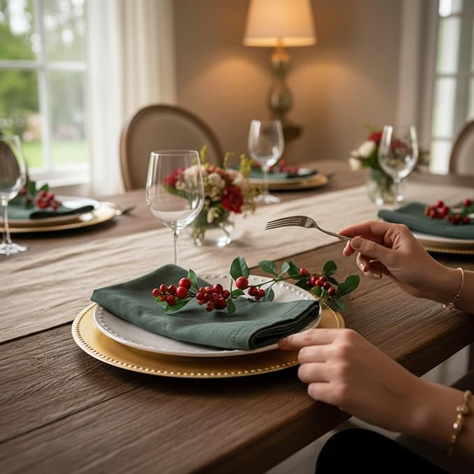 Hemstitched Linen Napkins – 20 Inch x 20 Inch – Stonewashed Pure Linen Cloth Dinner Napkins with Mitered Corners - 100% French Flax – Machine Washable - Set of 4 (Soft Rustic Green)