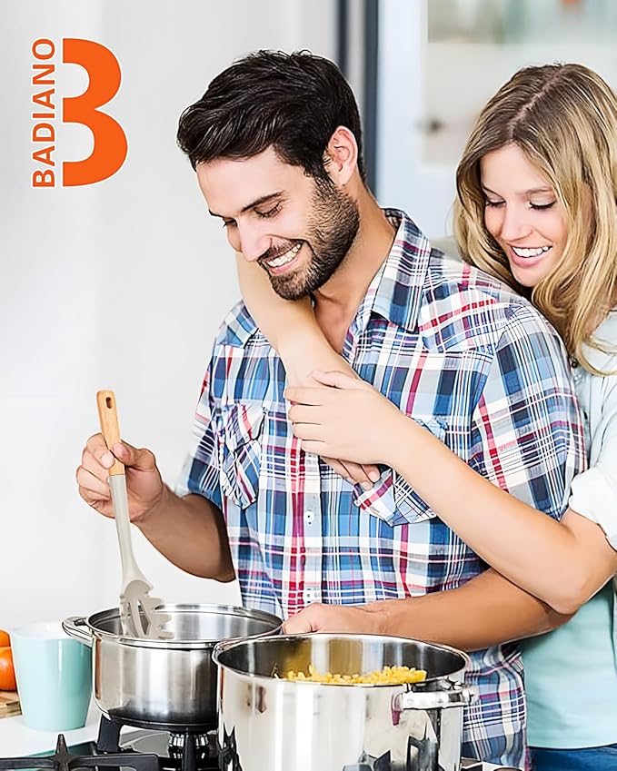 Silicone Pasta Fork, Kitchen Heat Resistant Noodle Spoon Server, BPA Free Spaghetti Strainer,12.8 inch (Khaki)