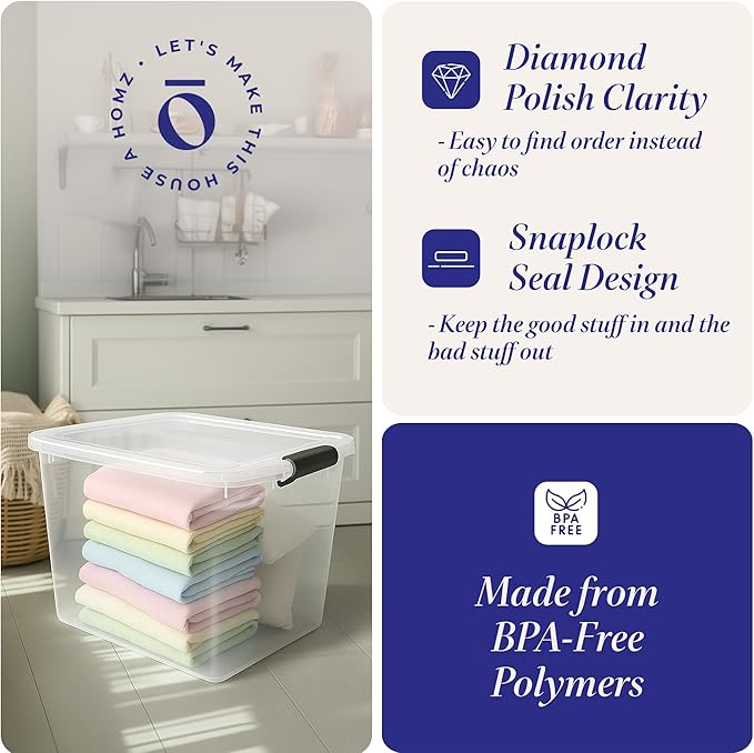 HOMZ 2-Pack Latching Lid, Large Clear Plastic Storage Bins w/Lids, 112 Quart, Gray Latch - Stackable Container Boxes for Home, Bathroom, and Office Organization