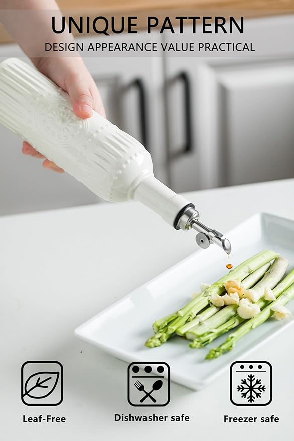 LYEOBOH Oil Dispenser for Kitchen, Olive Oil Dispenser Bottle with Non Drip Spout - 17 OZ Ceramic Vinegar Dispenser Bottle, Easy to Use for Kitchen Gadgets, Frying, BBQ, White
