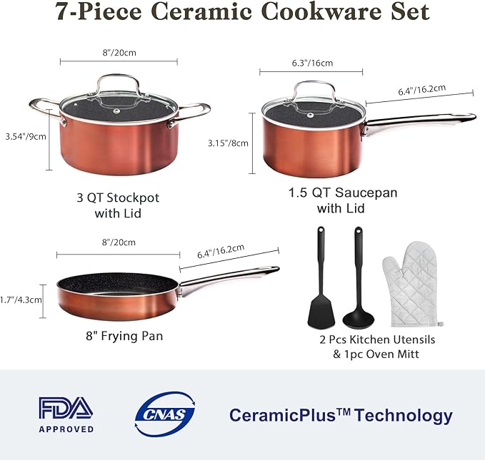 Pots and Pans Set Non Stick, 7 Piece Ceramic Cookware Set, Non Toxic Kitchen Induction Cookware Sets, Pots and Pans Cooking Set with Oven Safe Handle, 100% PFOA Free, Copper