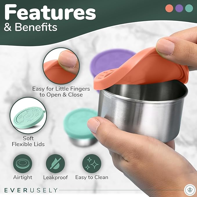 Everusely - Stainless Steel Food Containers - 3 Pack, Bright - Lunch Box - Snack Containers for Office, Home Food Storage - Leakproof with Silicone Lids - Dishwasher & Freezer Safe