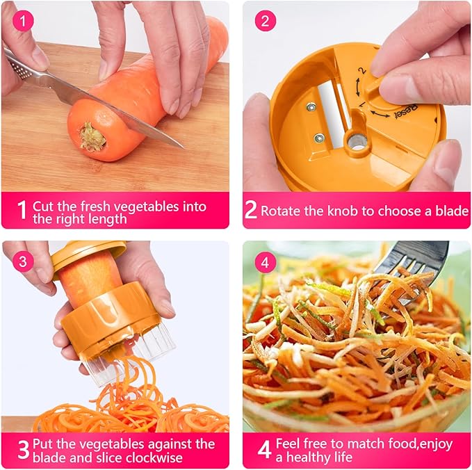 3 in 1 Vegetable Spiralizer Slicer, Adjustable Zucchini Carrot Noodle Maker, Cucumber Spiral Cutter, Easy to Use Kitchen Tool（Orange）