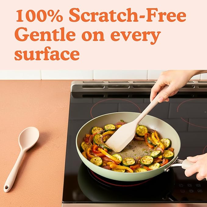 Non-Toxic Platinum Silicone Kitchen Utensil Set of 8 – Non-Scratch Cooking Spoons & Spatulas, 100% Plastic Free, Stainless Steel Core, Heat Resistant 500°F, Beige