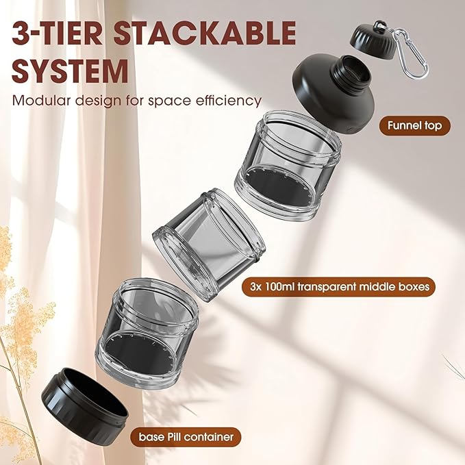 BYLWORKOUT 3 Layers Protein Travel Container with Funnel and Keychain | Cute Protein and Kitchen Storage Containers | Clear Plastic Kitchen Grade Box Organisers for Workout and Travel (Black)