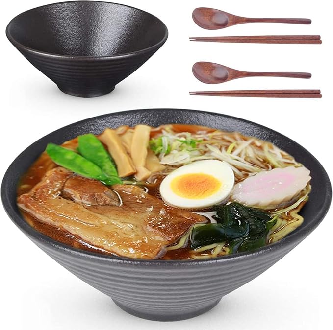 Lareina Ceramic Japanese Ramen Bowls, 2 Sets (6 Piece) 60 Ounce, Large Noodle Soup Bowl with Matching Chopsticks and Spoons for Asian Pho Udon Soba, Matting Black