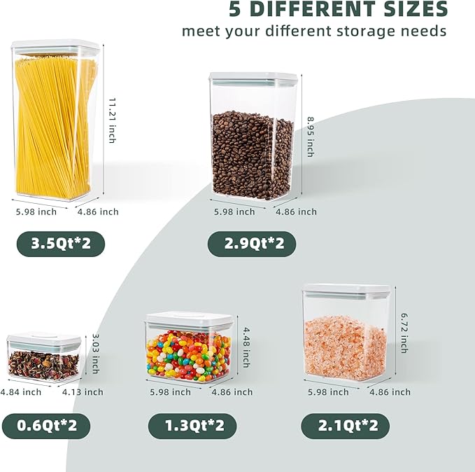 Airtight Pop Food Containers 10-Piece Set BPA-Free Stackable Air Tight Pantry Storage Containers Ideal for Storage Cereal Snack Flour Sugar Spaghetti