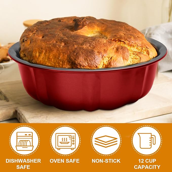 OAMCEG 10 Inches Fluted Tube Bunte Cake Pan Nonstick Cake Pans for Baking, 10 Cups Heavy Duty Carbon Steel Baking Mold for Buntelet, Bavarois, Brownie, Jello, Flan, Meatloaf (Red)