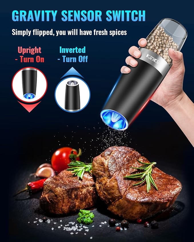 Gravity Electric Pepper/Salt Grinder, Salt or Pepper Mill & Adjustable Coarseness, Battery Powered with LED Light, One Hand Automatic Operation - Single/Black