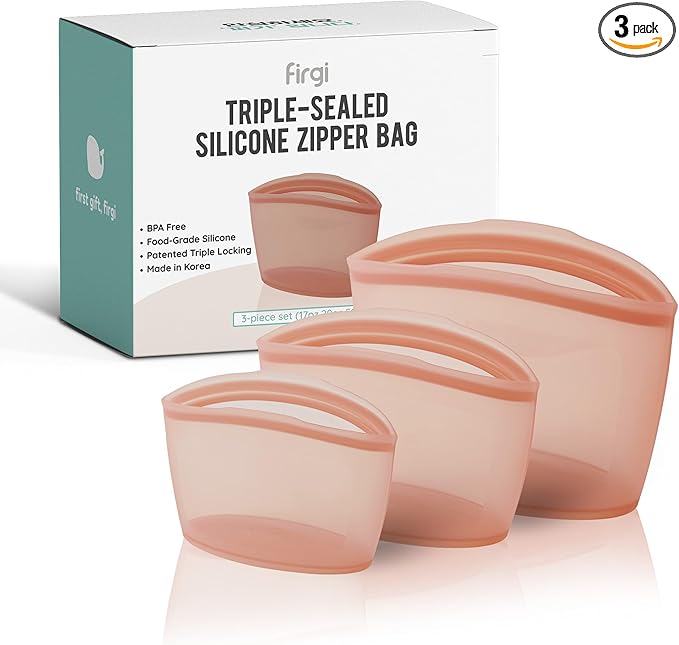 Reusable Silicone Food Storage Bags 3Set Airtight food Storage Containers Food Grade Silicone Snack Bags, BPA Free Food Storage Container, Microwave Safe, Sous Vide Container, Rose, 17oz+29oz+51oz