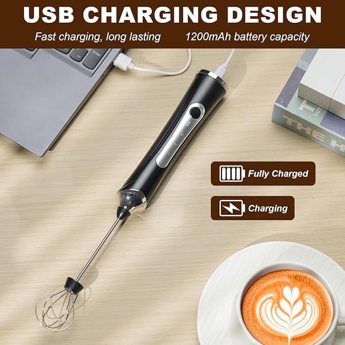 Handheld Electric Milk Frother with 2 Heads, Coffee Whisk Foam Mixer with USB Rechargeable 3 Speeds, Foam Maker Blender for Latte, Cappuccino, Hot Chocolate, Egg (Black)