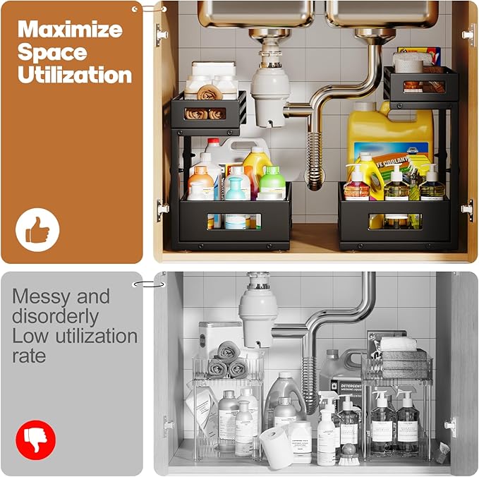 1-Pack Under Sink Organizers and Storage,2-Tier L Shape Pull Out Cabinet Organizer With Round Tube Slide Rails,Hight Adjustable Slide Out Drawers for Kitchen&Bathroom,Multi-Purpose Storage Shelf-Black