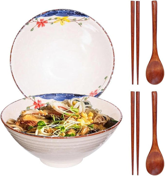2 x 40 OZ ceramic ramen bowls, 8 IN large Japanese noodle soup bowl, match chopsticks and spoons, suitable for Pho, Udon Asian noodles (Colorful flowers 2 set)