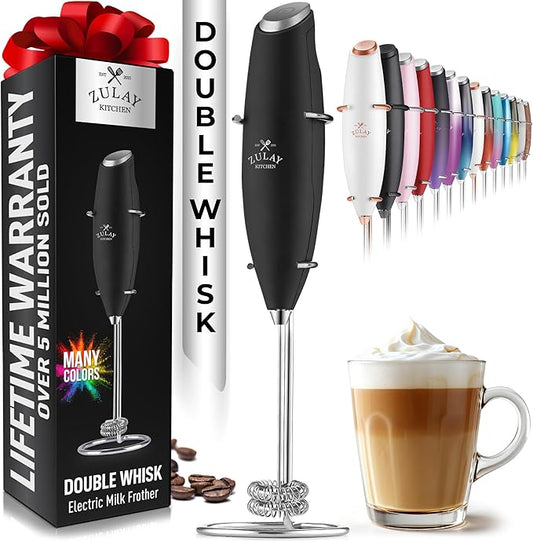 Zulay Kitchen Double Whisk Milk Frother – Handheld Foam Maker for Coffee, Lattes, Matcha, Hot Chocolate & Cappuccinos – Whip Creamy Froth in Seconds, Portable & Easy to Use -
