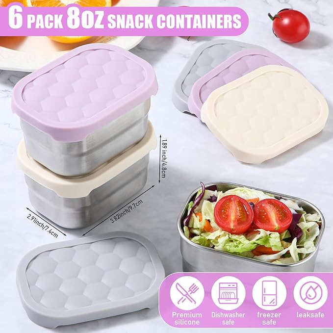 Layhit 6 Pcs Stainless Steel Snack Containers for Kids, 8 oz Lunch Containers with Silicone Lids Small Reusable Metal Food Box for Child Daycare School Home Storage Supplies(Stylish Color)