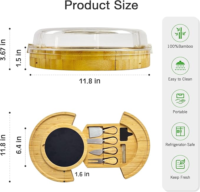 Charcuterie Board with Lid-Portable Bamboo Cheese Board Set,Travel Round Tray with Locking Lid for Picnic, Party Snacks, Wedding & Housewarming & Kitchen Gifts for Women