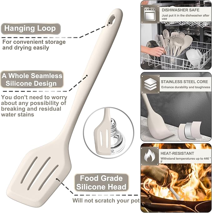 Silicone Kitchen cooking Utensils Set, AIKKIL 43 Pcs Heat Resistant Khaki Cooking Utensils Set, Turner, Tongs, Spoon, Spatula, Kitchen Gadgets Tools Set For Nonstick Cookware(Dishwasher, BPA Free)