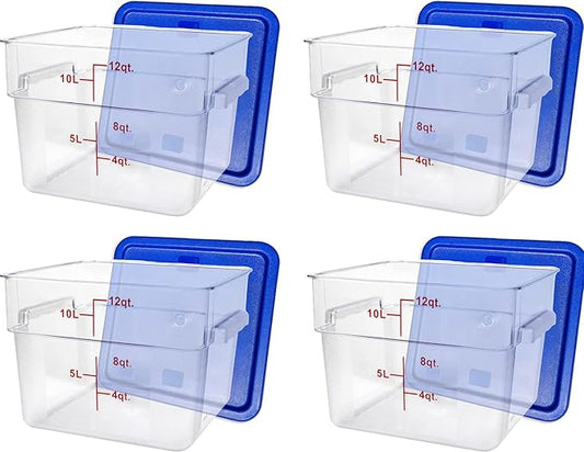 Tiger Chef 12 Quart Commercial Grade Clear Food Storage Square Polycarbonate Containers With Blue Lids 4 Pack