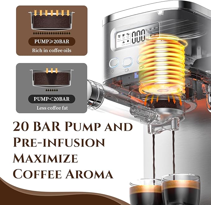 AMZCHEF Espresso Machine with LCD Display, 20 Bar Cappuccino Machines with Milk Frother for Home Gifts, Latte Coffee Maker with Dual Wall & Filters, Stainless Steel Style sliver