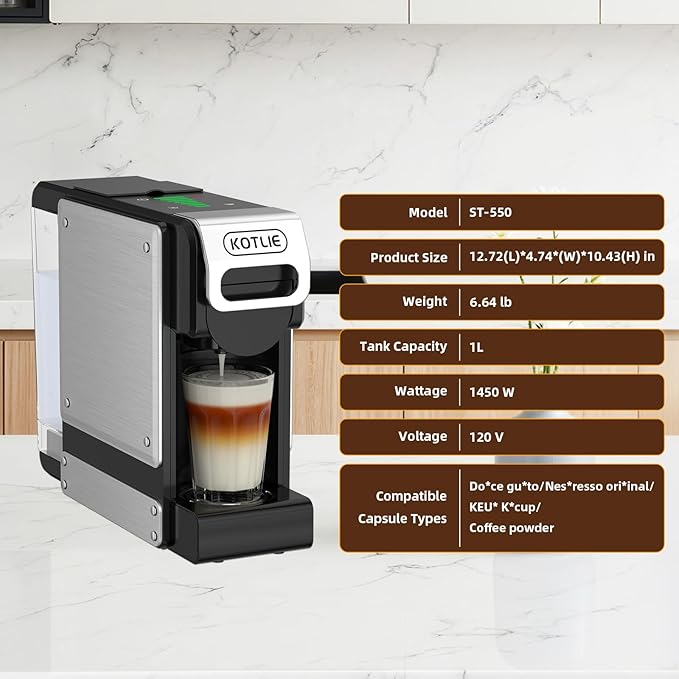 KOTLIE ST-550 Single Serve Coffee Maker, Espresso Capsule Coffee Maker for K*cup capsule/Ne*s Original/Dol*e Gu*to and Ground Coffee, 19Bar, 1L, Compact（Black）