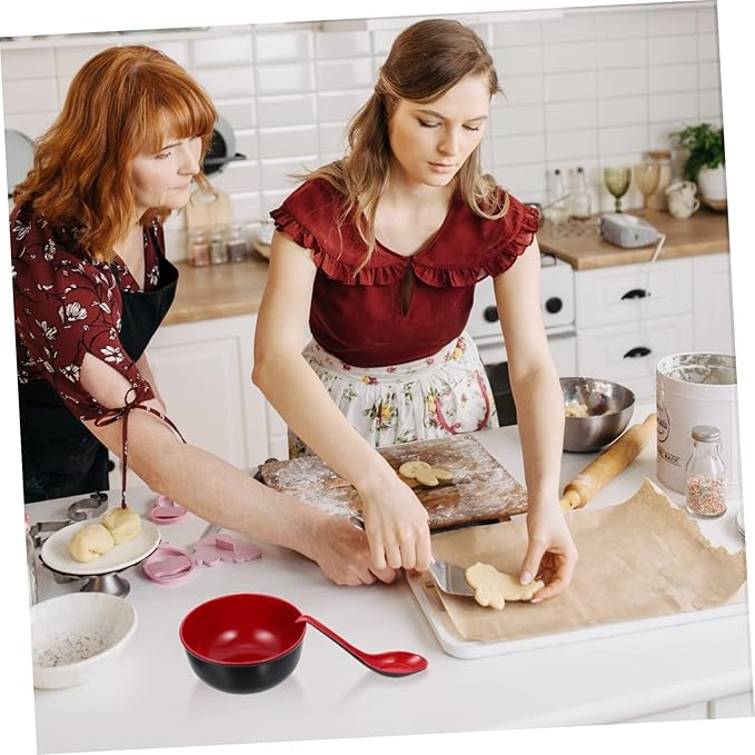 Uonlytech Melamine Ramen Bowl with Spoons Black and Red Multi-function Soup and Rice Bowls Easy-clean Kitchen Tableware for Salad Noodles and Asian Cuisine