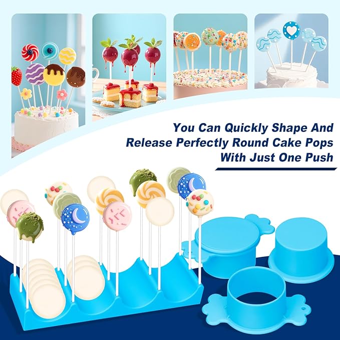 Silicone Cake Pop Mold Set, Round Cake Pop Cutter with Pusher, Tray and 50 Sticks, 15-Hole Cake Pop Holder, DIY Baking Molds Kit for Parties, Wedding, Home Desserts Making - Blue