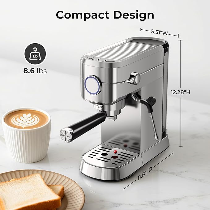 20 Bar Espresso Machine, Compact Espresso Coffee Maker with Milk Frother for Latte/Cappuccino, Auto Clean/40.5oz Removable Tank/Auto Shut-Off, Espresso Maker for Home/Office, Stainless Steel