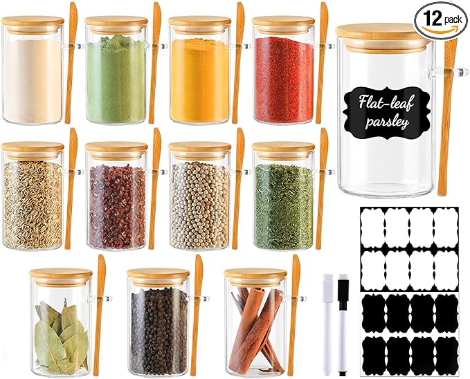 12 Pack 8 oz Round Glass Spice Jars with Lids and Spoons – Airtight Small Spice Containers Set with Labels, Clear Glass Storage Jars for Seasoning, Spices, Kitchen Pantry Organization