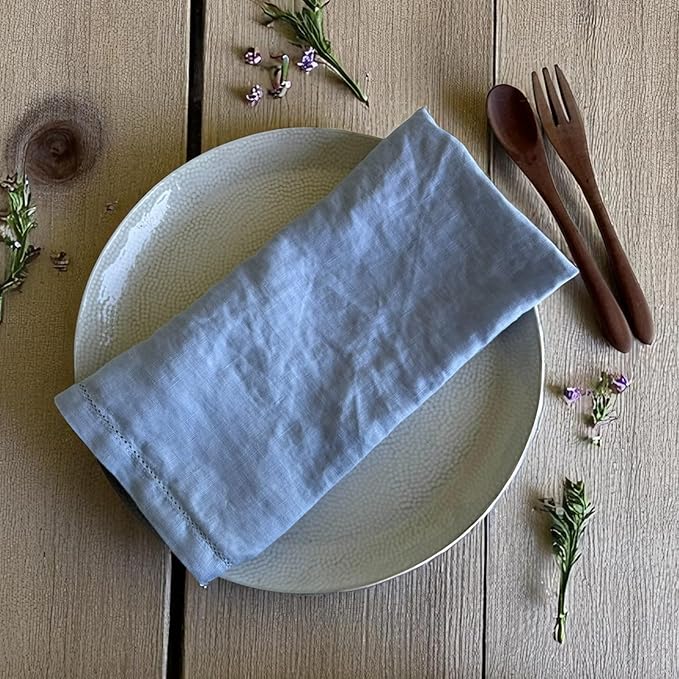 Hemstitched Linen Napkins – 20 Inch x 20 Inch – Stonewashed Pure Linen Cloth Dinner Napkins with Mitered Corners - 100% French Flax – Machine Washable - Set of 4 (Dusty Blue)