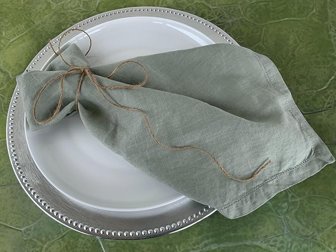 Hemstitched Linen Napkins – 20 Inch x 20 Inch – Stonewashed Pure Linen Cloth Dinner Napkins with Mitered Corners - 100% French Flax – Machine Washable - Set of 4 (Soft Sage Green)