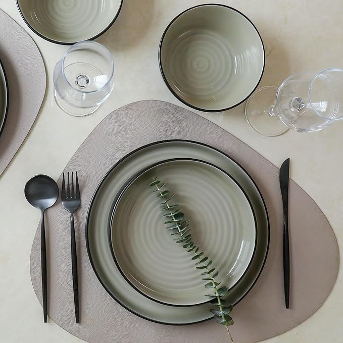 Stone Lain Elica Stoneware 12-Piece Dinnerware, Plates and Bowls Sets, Service for 4, Beige and Black, Modern Dishware, Microwave & Dishwasher Safe