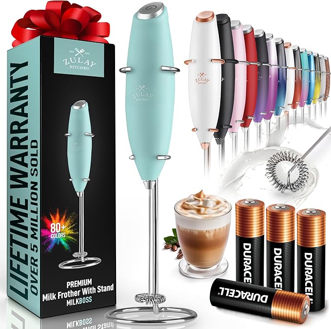 Zulay Kitchen Powerful Milk Frother Wand With 4 AA Duracell Batteries - Ultra Fast Handheld Drink Mixer - Electric Whisk Foam Maker for Coffee, Lattes, Cappuccino, Matcha & Creamer - Fresh Mint