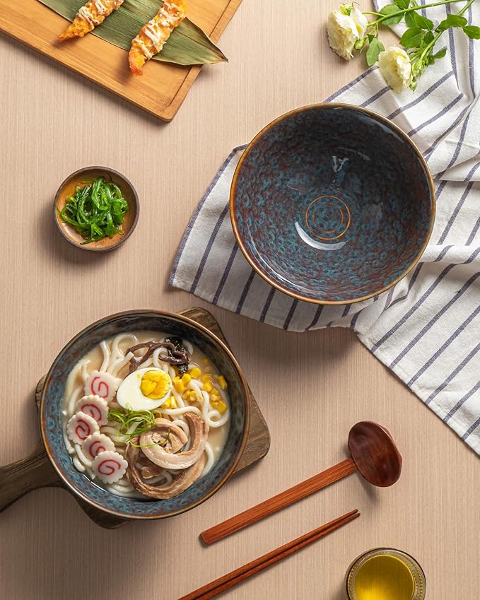 8 Inch 40oz Large Japanese Ramen Bowl Set of 2,Material Safety Ceramic Ramen Bowls with Matching Chopsticks and Spoons, Pho Bowls Ramen Noodle Bowl for Asian Udon Soup Salad Cereal(Peacock Tail)