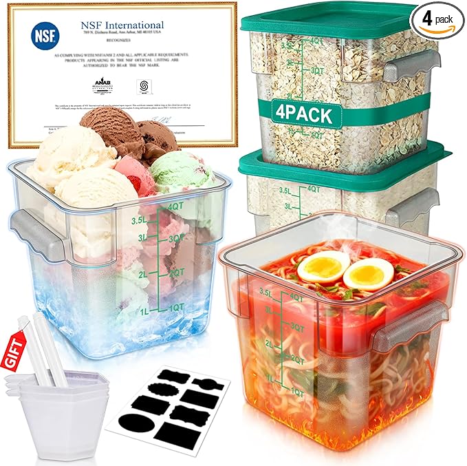 4QT NSF Food Storage Containers with Lids: 4 PCS [Total Food Grade][Hot&Cold Resistant] Commercial Clear Food Storage Containers for Restaurant Kitchen Proof Dough, Measuring Spoons Included(Green)