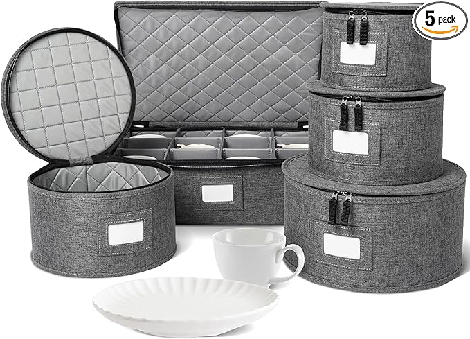 storageLAB China Storage Containers, Hard Shell Case with Felt Dividers for Charger Plates, and Dishes, Ideal for Kitchen Organization, Moving Supplies, and Fine China Storage - 5-Piece Set, Gray