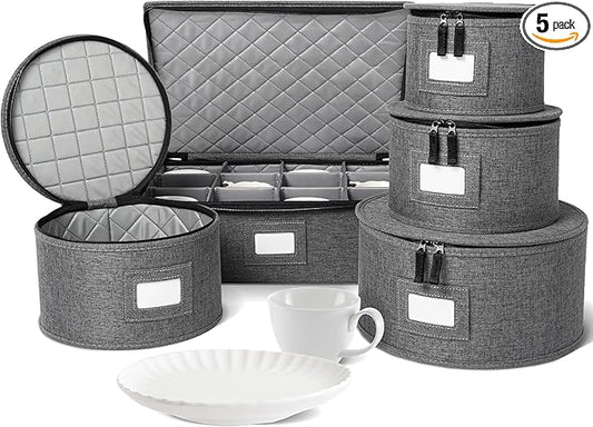 storageLAB China Storage Containers, Hard Shell Case with Felt Dividers for Charger Plates, and Dishes, Ideal for Kitchen Organization, Moving Supplies, and Fine China Storage - 5-Piece Set, Gray