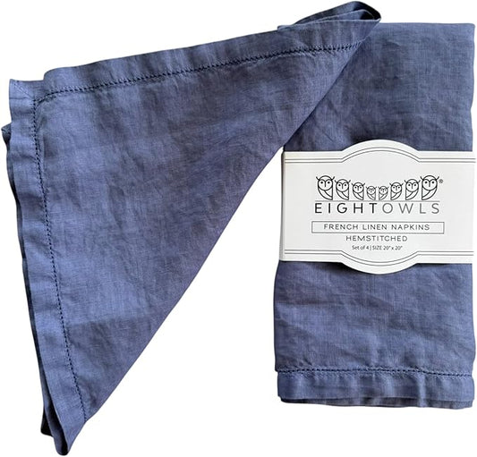 Hemstitched Linen Napkins – 20 Inch x 20 Inch – Stonewashed Pure Linen Cloth Dinner Napkins with Mitered Corners - 100% French Flax – Machine Washable - Set of 4 (Soft Blue)