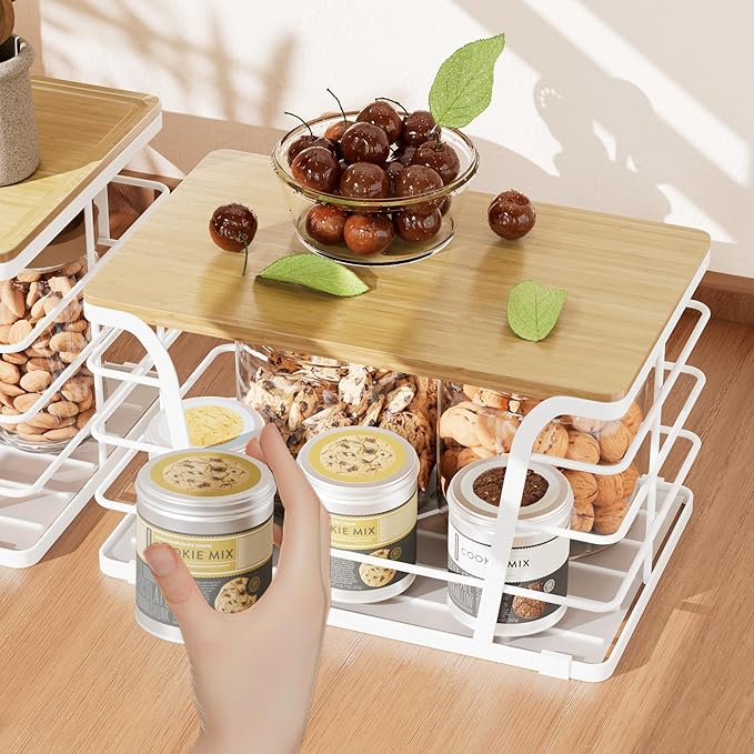 2 Pack Kitchen Organization for Onions,Potatoes - Fruit Basket for Kitchen Counter & Storage Basket,Stackable Storage Bins with Bamboo Top & Lightweight PP Mat,White