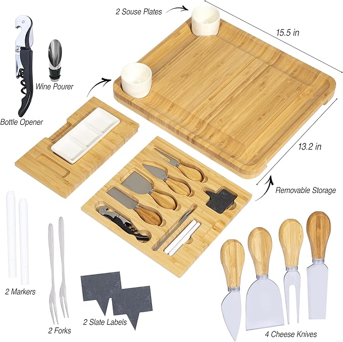 Bamboo Cheese Board and Knife Set with Wine Accessories – Large Charcuterie Board Gift Set with Bowls, Slate Labels & Utensils, Perfect for Christmas, Wedding, Housewarming & Entertaining