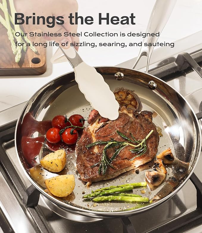 10 Inch Stainless Steel Frying Pan - 3 Ply Stainless Clad Skillet with Aluminum Core, Durable and Even Heating, Professional Cookware for Induction, All Stoves Compatiable Oven & Dishwasher Safe