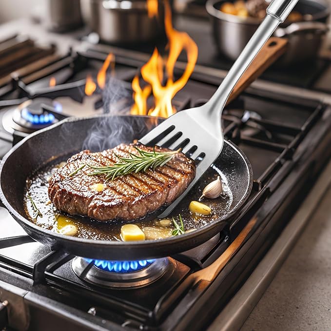 14.5-in Stainless Steel Spatula Set, 18/0 SS Heavy Duty Turner & Slotted Spatula for Kitchen Use, Cast Iron Grilling Frying, Pack of 2