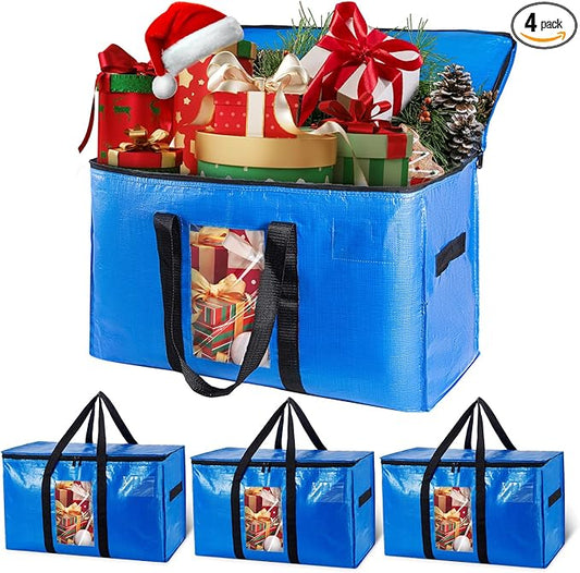 TAILI Extra Large Moving Bags, 4 Pack Blue Heavy Duty Totes For Storage with Visible Window, Wrap Around Handles, Storage Bags for Space Saving, Alternative to Moving Boxes