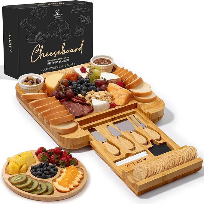 Zulay Kitchen Premium Bamboo Cheese Board Set - Extra Thick Bamboo Charcuterie Board Set with 4 Piece Knife Set - Wooden Cheese Board is Perfect for Charcuterie, Wine and Cheese (Party Set) - Icon