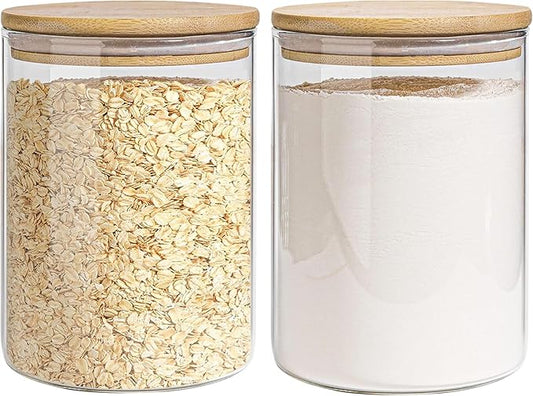 Glass Storage Jars Set Elegant Containers with Airtight Bamboo Lids, Perfect for Kitchen Organization - Flour, Rice, Pasta, Sugar, Coffee Beans, Accessories Included (2 packs(111oz))
