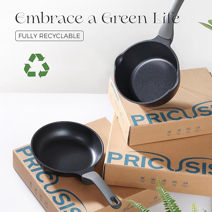 PRICUSIS Nonstick Saucepan with Lid, 2.7 Quart Non Toxic Pot with Pour Spouts, Full Coated, 100% Dishwasher Safe, Induction Compatible & Oven Safe, PTFE & PFOA Free, Black Sesame