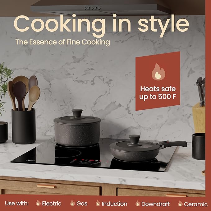 Pots & Pans Set Non Stick Ceramic-Granite – 14-Piece Cookware with Detachable Handles, Stackable Space-Saving, Dishwasher Safe, Oven & All-Stove Safe, Tempered Glass Lids, Black Granite