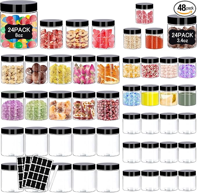 Plastic Jars with Lids 48 Pcs 8 oz & 3.4 oz Clear Plastic Slime Storage Jars Containers with Airtight Black Screw On Lids Cylinder Clear Round Jar Easy Clean Food Grade Durable Jar